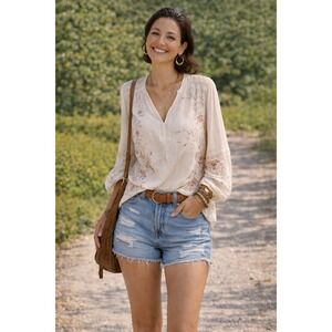 By Anthropologie Kate & Sam Long-Sleeve Embroidered Top Ivory XL Boho Romance
